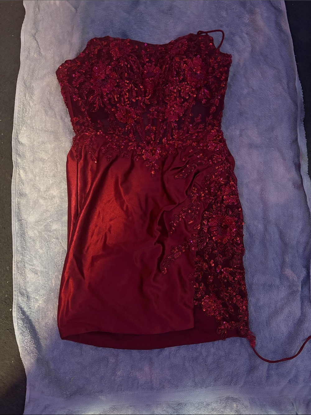 Embellished Strapless Cocktail Dress in Deep Red
